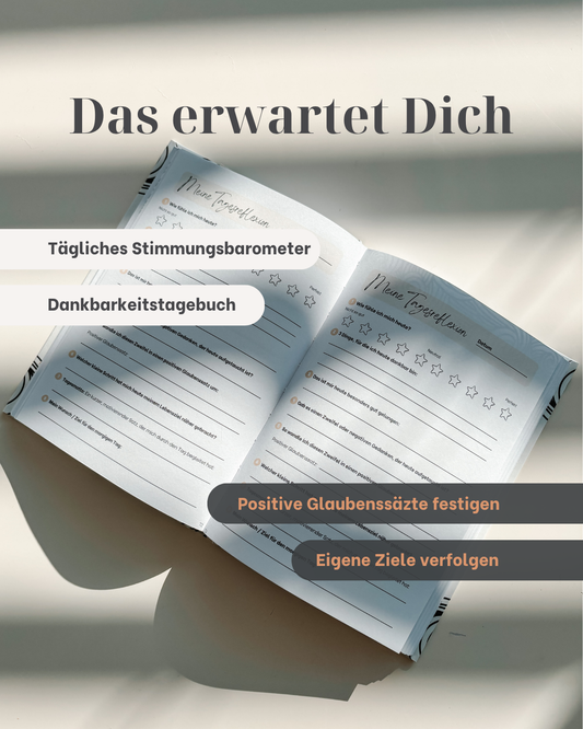 Vistam Reflexionstagebuch Inhaltsübersicht.Tägliches Stimmungsbarometer, Dankbarkeitsfragen, Glaubenssätze und Ziele definieren