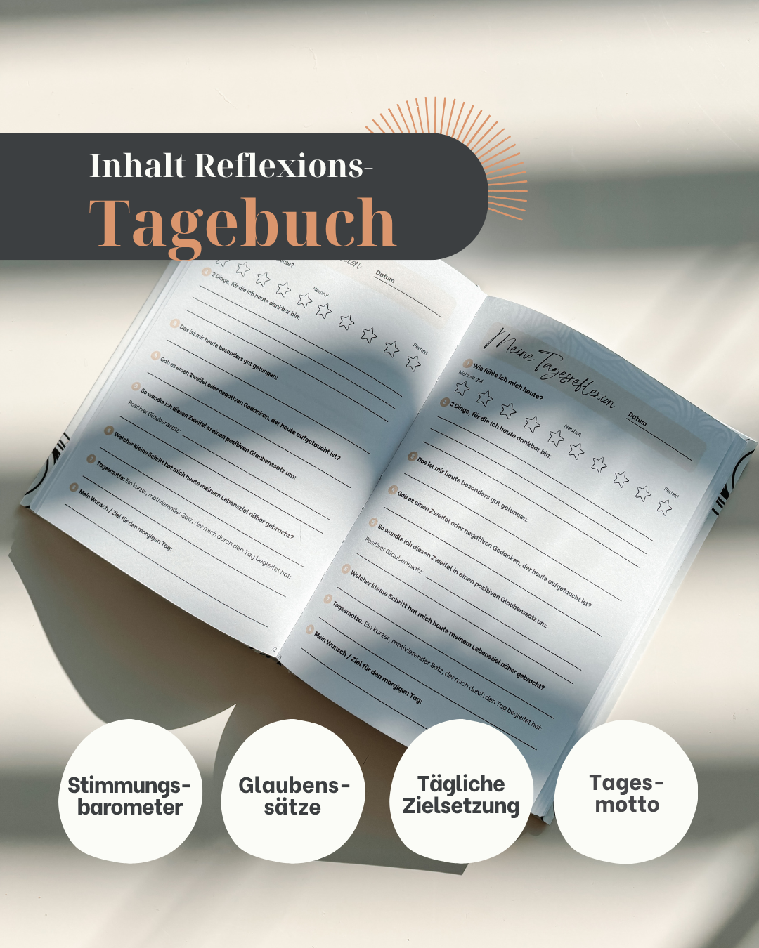 Vistam Tagebuch für tägliche Reflexion, Glaubenssätze transformieren, Zielsetzung, Stimmungsbarometer und Dankbarkeit.