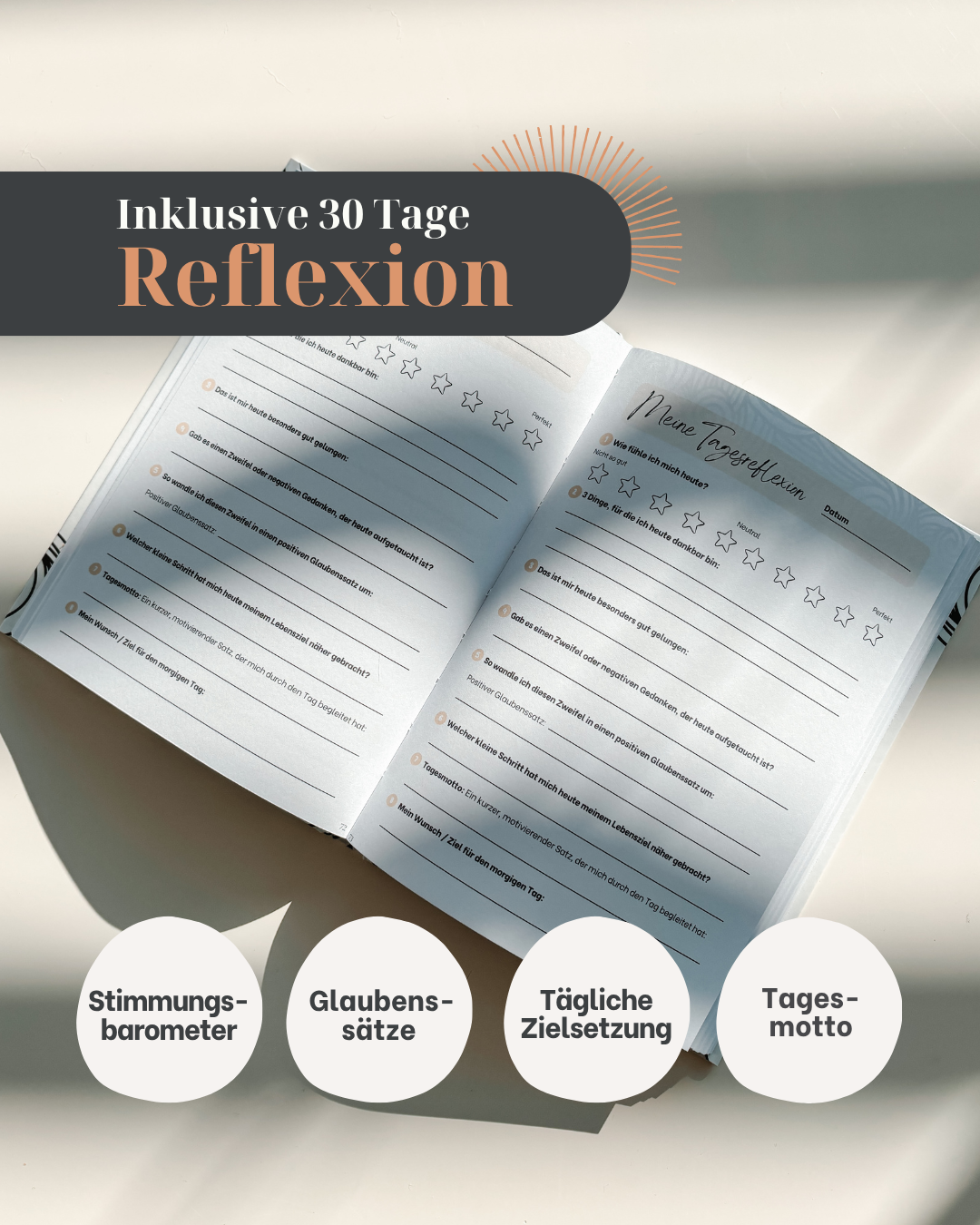 Vistam Workbook aufgeschlagen auf einer der inkludierten Reflexionstagebuch-Seiten, mit denen man das über sich erlernte vertiefen kann.