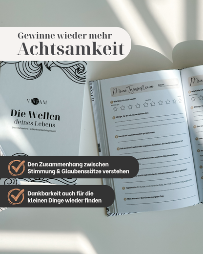 Tägliche Reflexion für persönliches Wachstum mit dem Vistam Reflexionstagebuch. Entdecke den Zusammenhang zwischen deiner Stimmung und deiner Glaubenssätze.